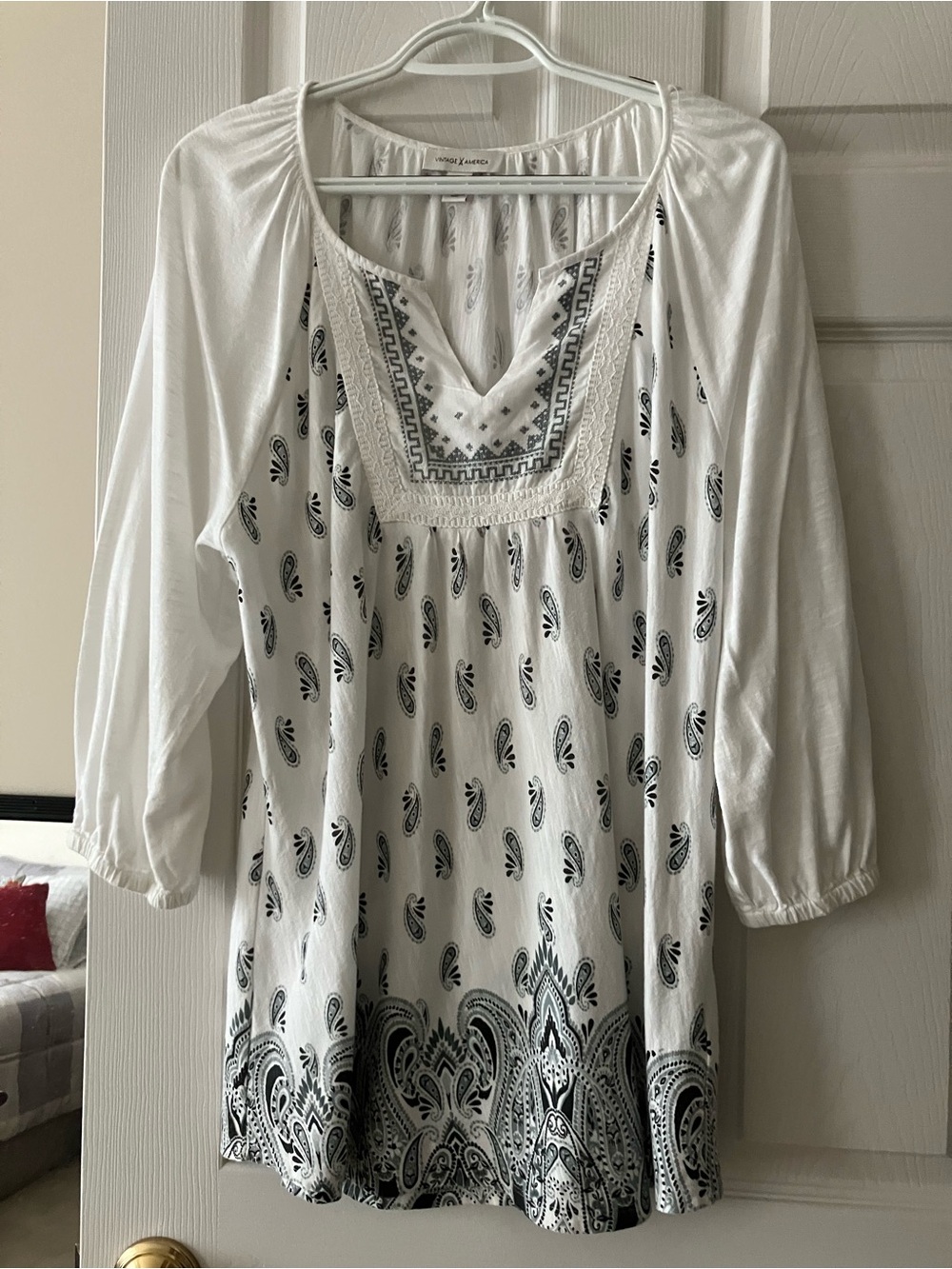 Vintage America White Tunic with Black Paisley Border